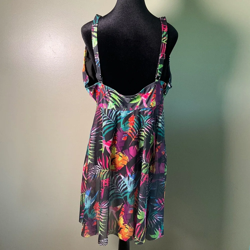 4XL Tropical Palm  Print Swim Dress Tankini Top Mesh Overlay Cover Up Front Slit